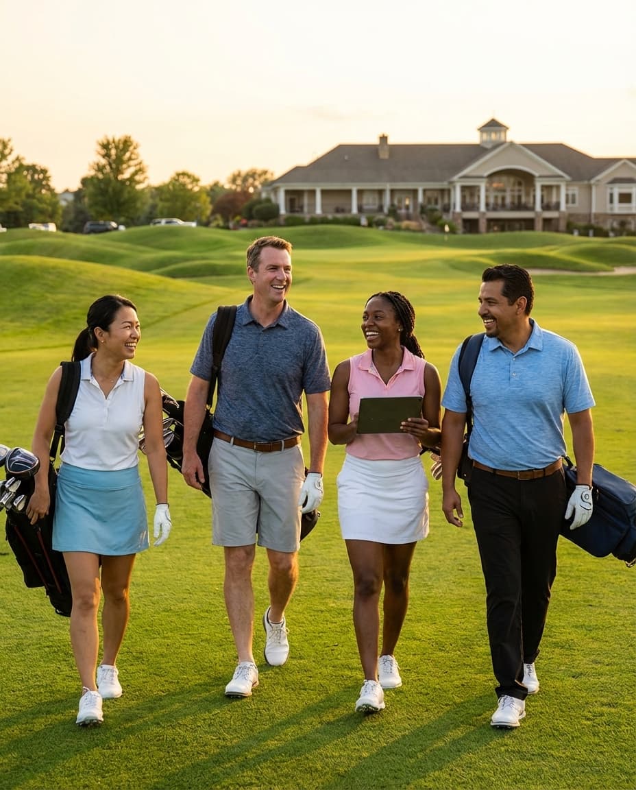 Group of golfers walking together on a sunny course