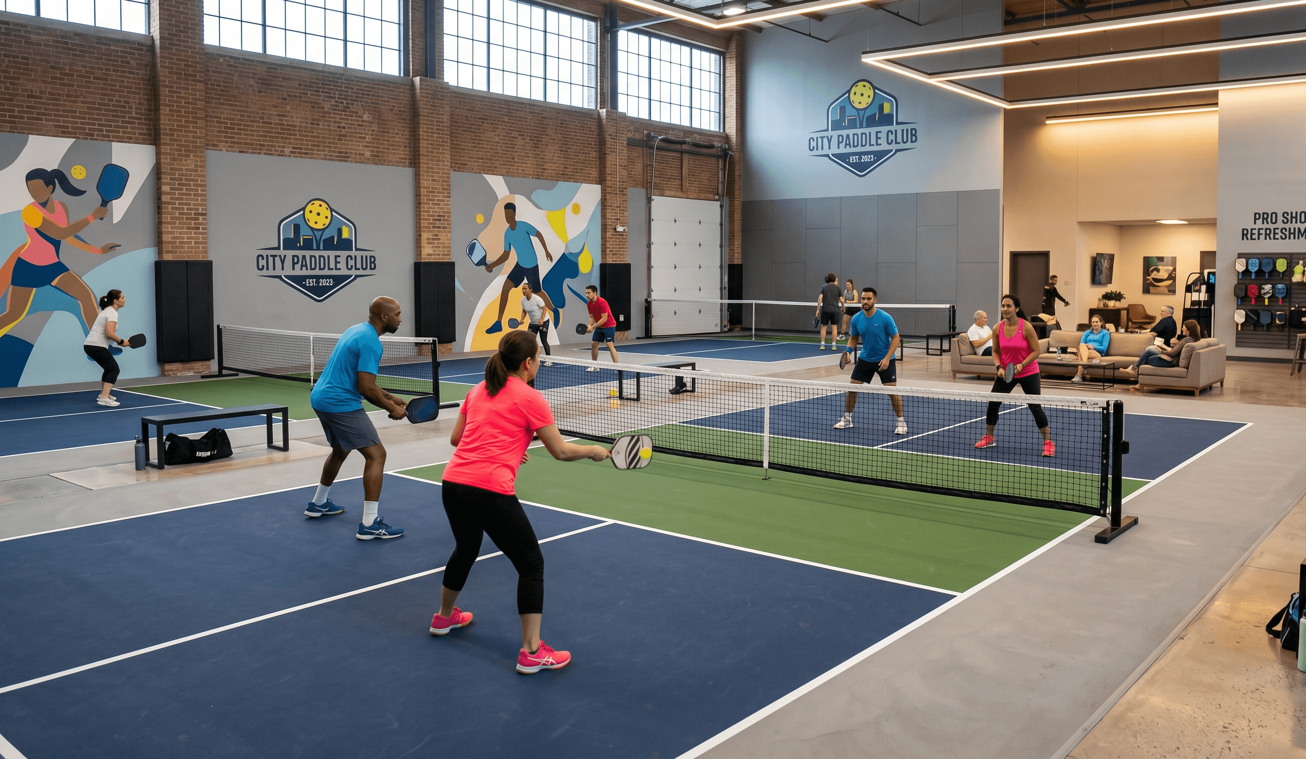 Pickleball players on an outdoor court during club play