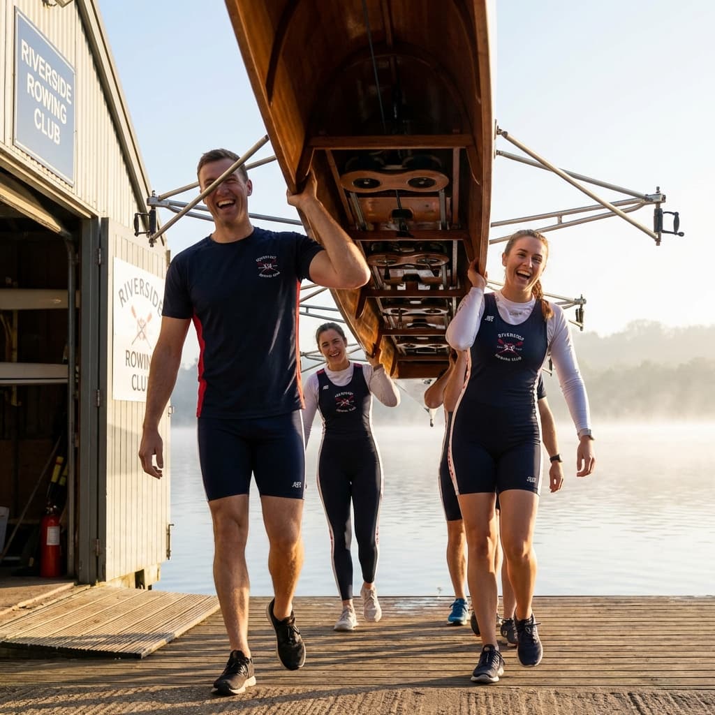 Athletic team in matching gear celebrating together outdoors