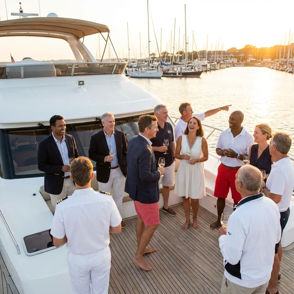 Yacht club members socialising on a boat deck at sunset with marina behind them